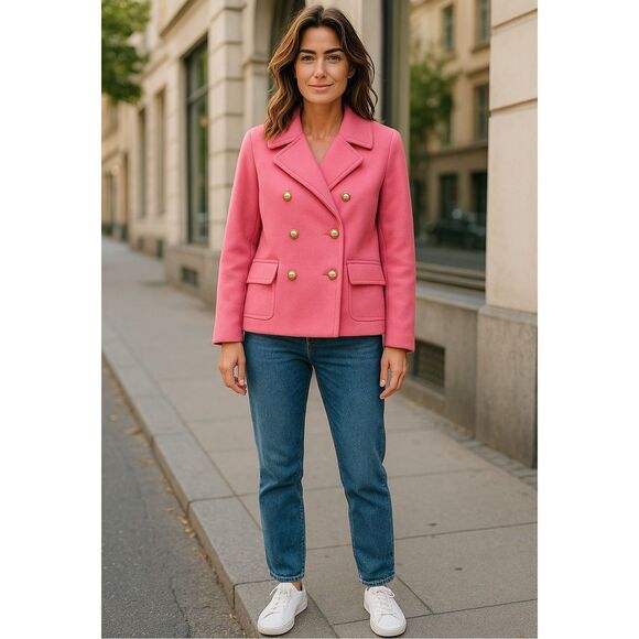 NEW J Crew 8 Melton Wool Blend Jacket Pink Crop Lined Gold Crest Buttons ITALY - Picture 1 of 8